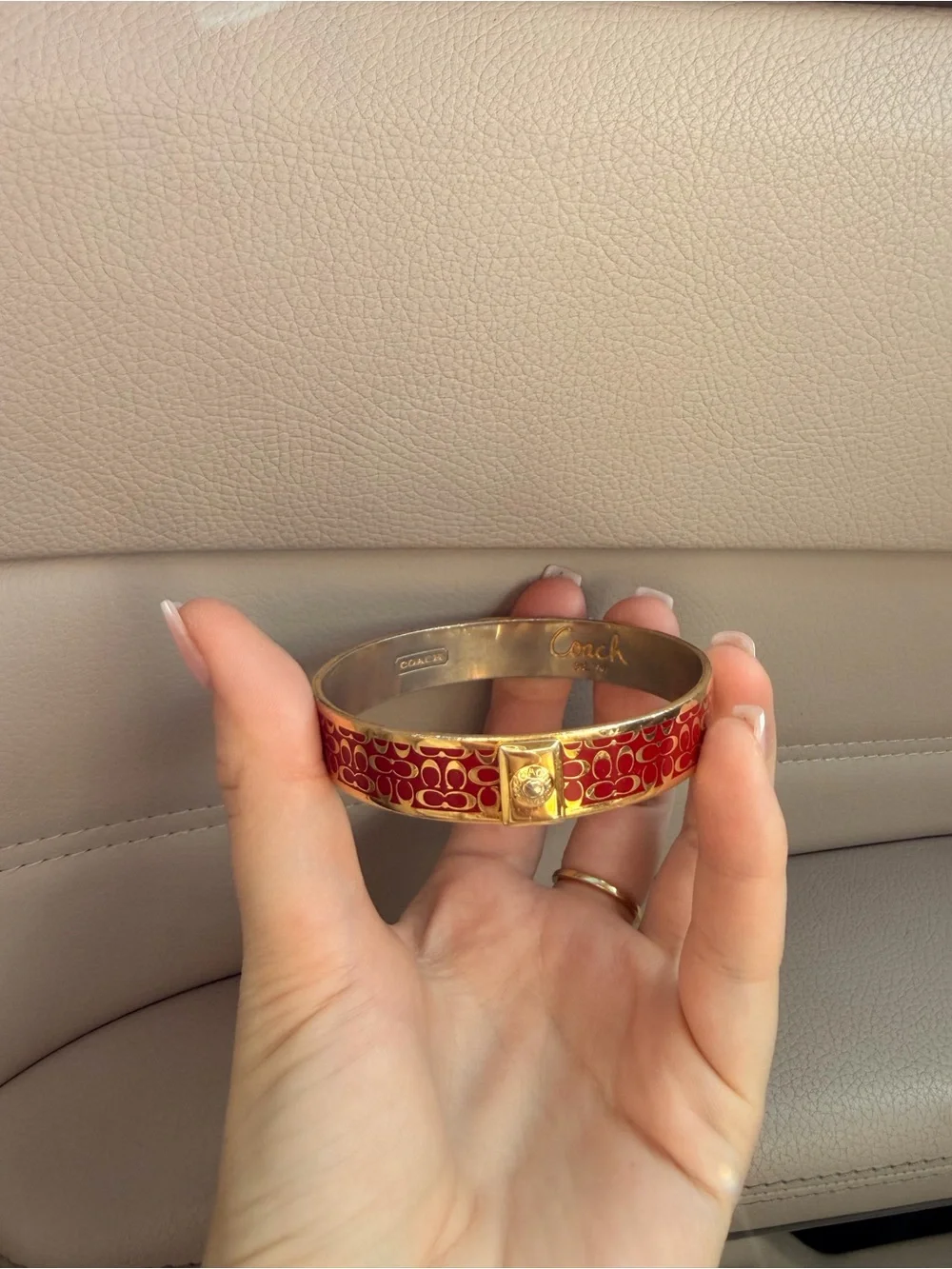 Coach Red Enamel Signature Cuff Bracelet with Gold Hardware